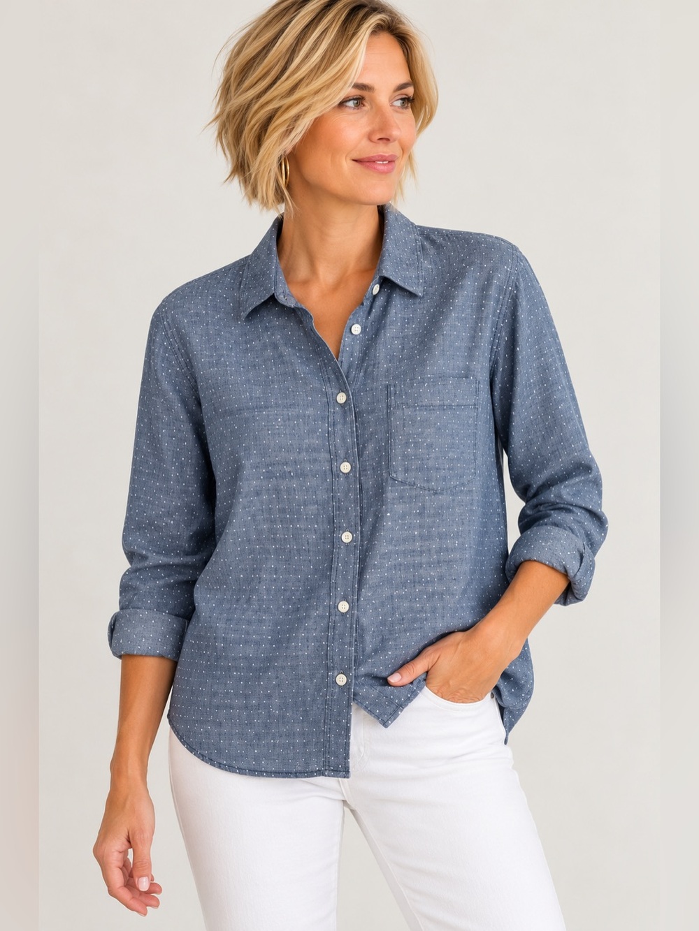 Rails Ingrid Blue Chambray Polka Dot Button Down Shirt Long Sleeve Size Large